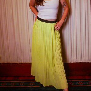 Vintage-Inspired Lime GreenPleated Neon Maxi Skirt